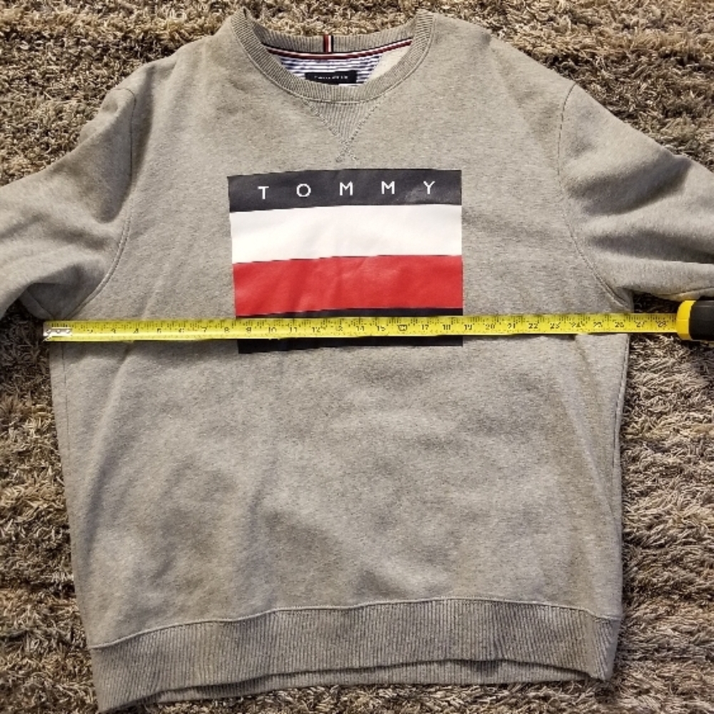 Tommy Hilfiger Gray Sweater with Red and White Accents Sweatshirt Vintage